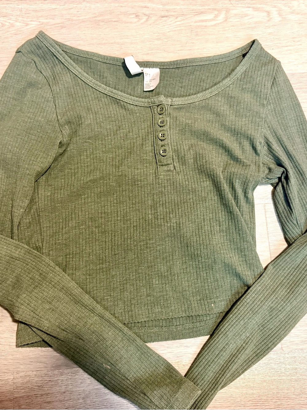 Divided Olive Green Ribbed Henley Long-Sleeve Crop Top